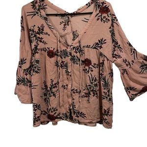 Oddy Dusty Rose Cropped Boho Hippie Cottagecore Floral Bell Sleeve Relaxed Top